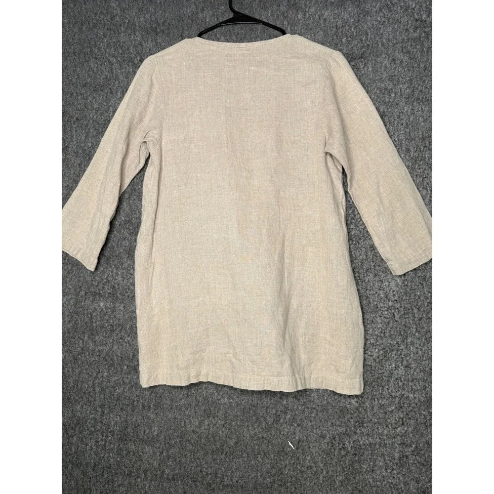 FLAX Womens 100% Linen V-Neck 3/4 Sleeve Tunic Top Oatmeal Beige Size P